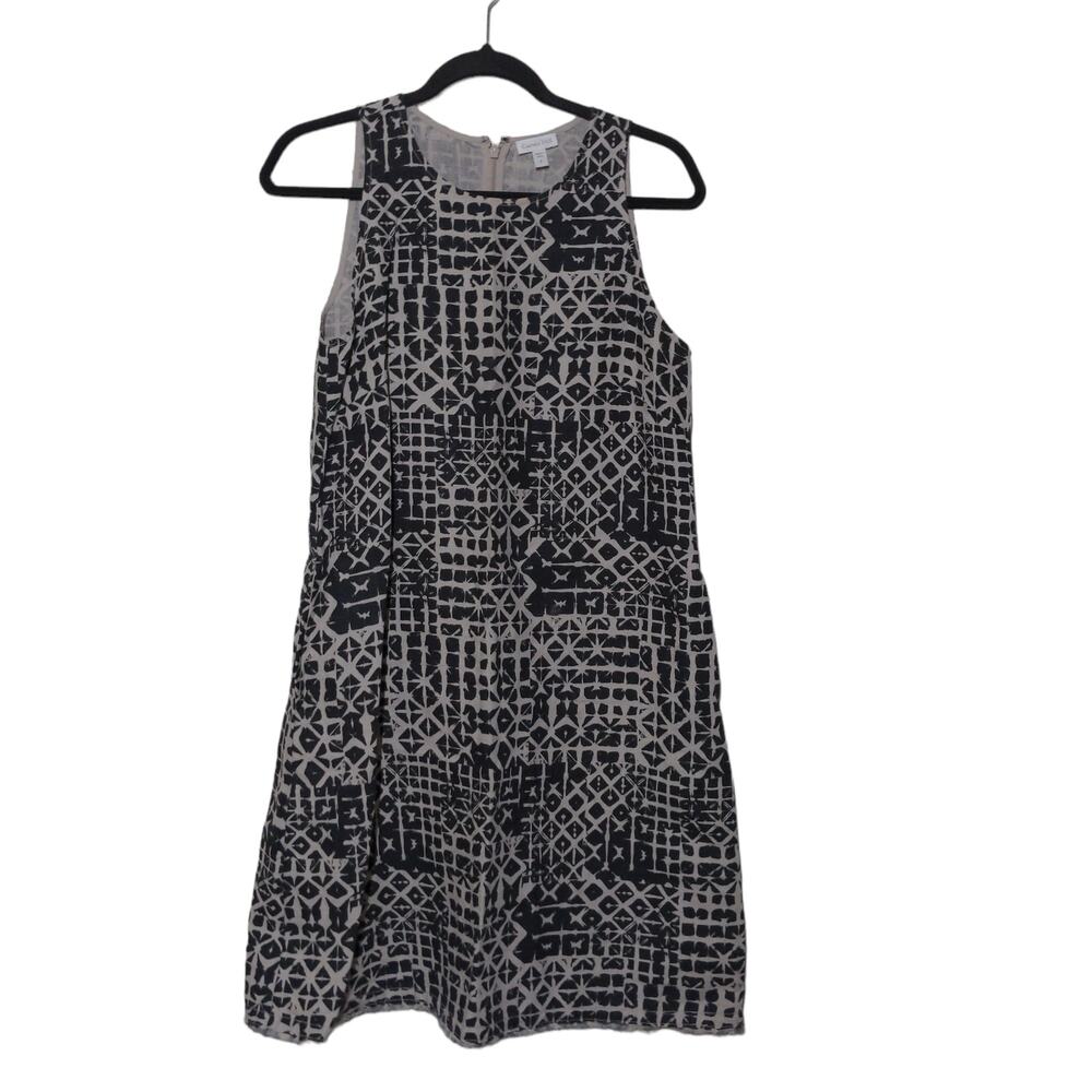 Garnet Hill Linen Fringe Hem A-Line Dress Black Beige Geometric Jewel Neck 6